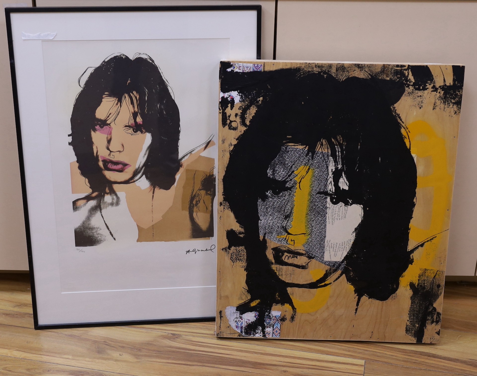 Andy Warhol, limited edition print, ‘’Mick Jagger 141’’, signed in the plate, 88/100, 55 x 38cm, and a mixed media panel depicting the same subject, 61 x 49cm, unframed